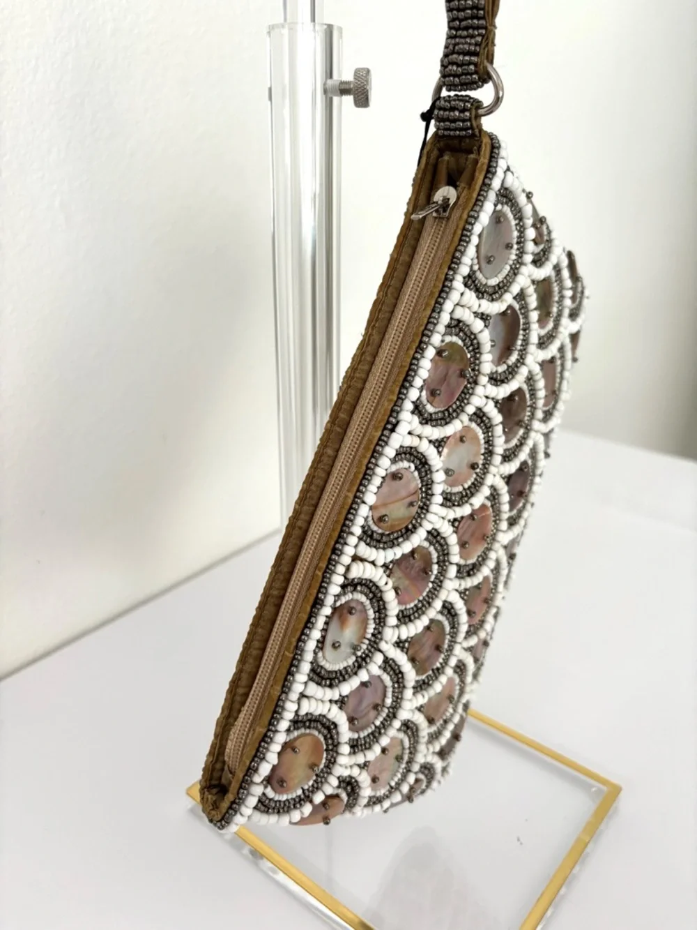 Pinkhouse Beaded Clutch Wristlet NWT Bronze & White Mother of Pearl Zip Closure